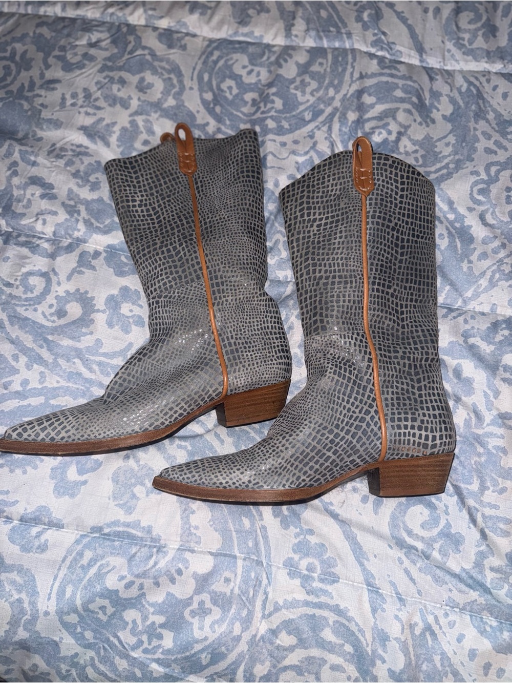 We The Free Gray Croc-Embossed Western Boots with Tan Trim